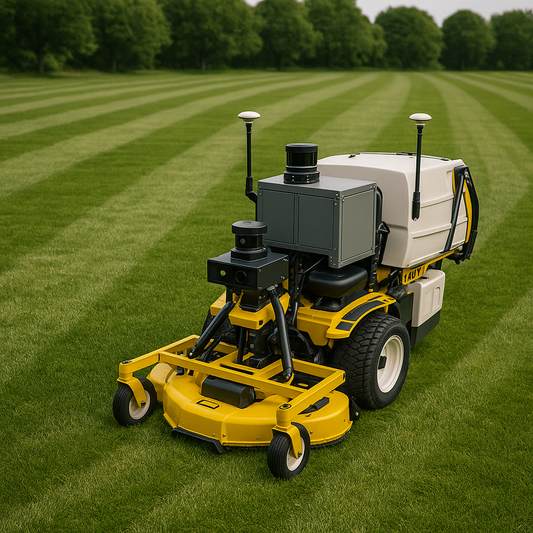 Robotic lawn mower on a well-maintained lawn with trees in the background From Robot Solutions QLD