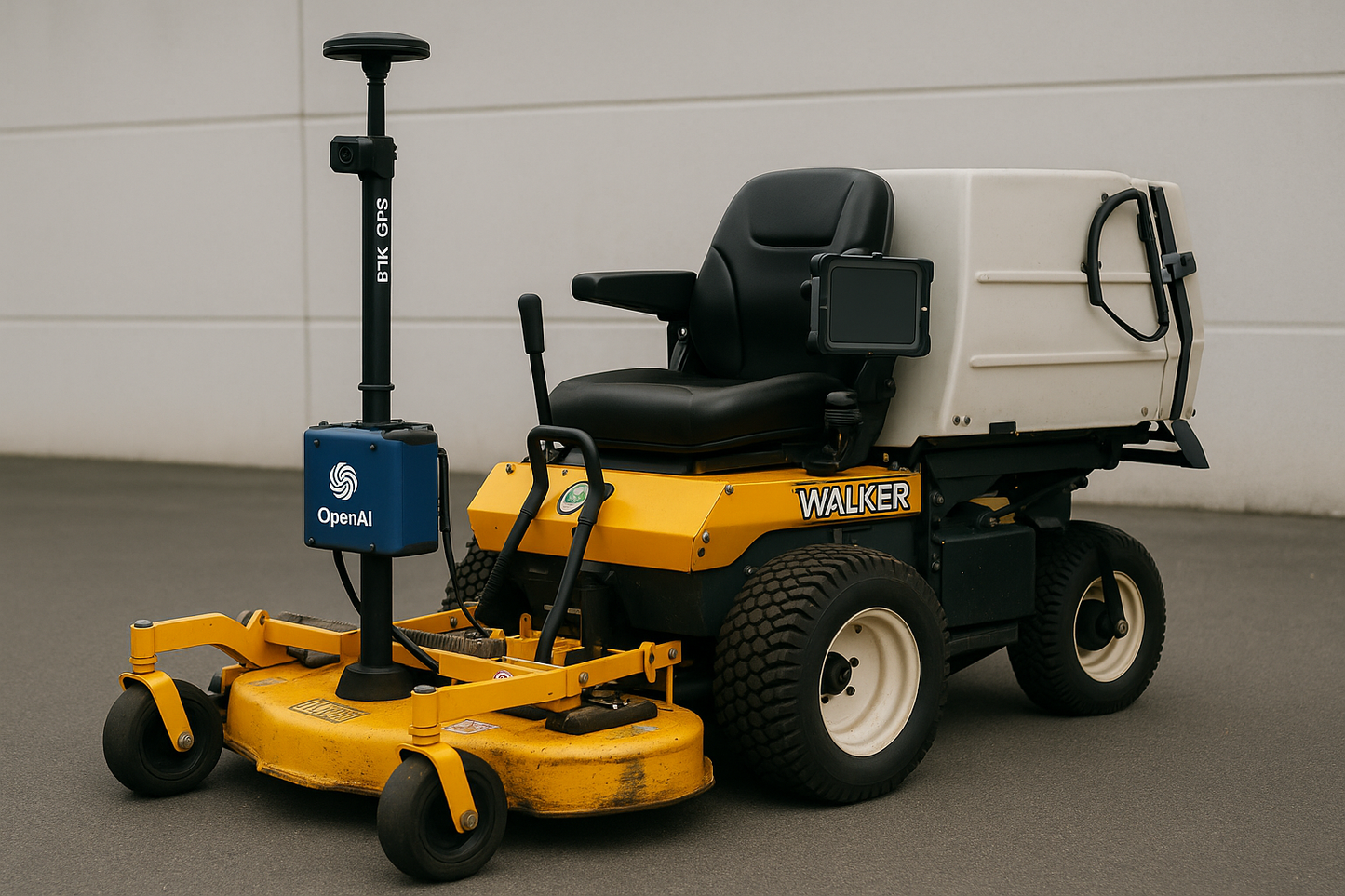 Yellow riding autonomous lawn mower with a black seat and white container on a gray surface From Robot Solutions QLD