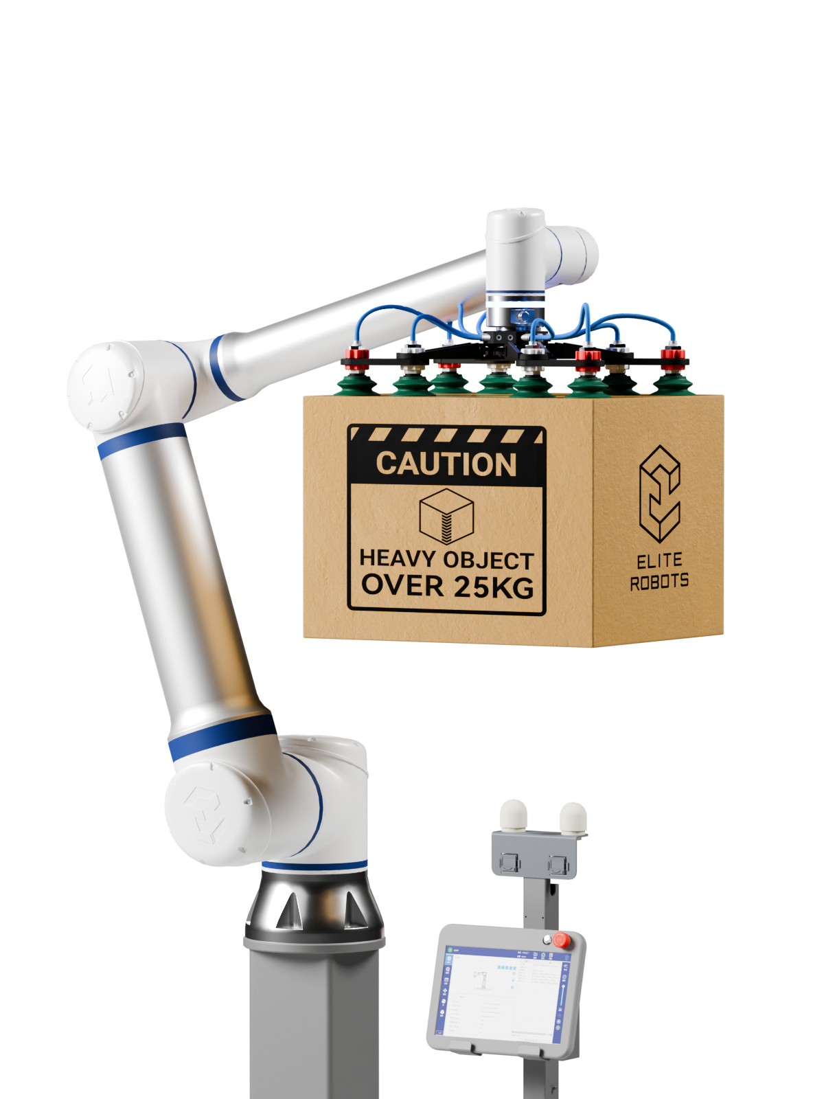 Elite Cobot Palletizer Robotic arm lifting a box with a 'Caution: Heavy Object Over 25KG' label on a white background