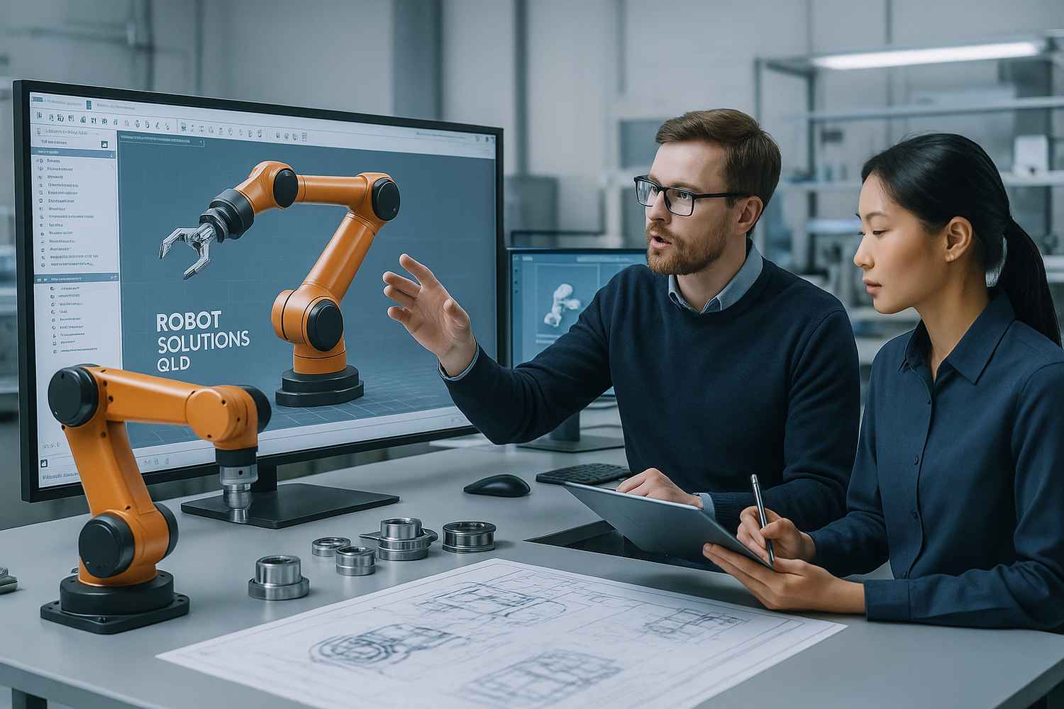 Two professionals discussing robot solutions in a modern office setting From Robot Solutions QLD