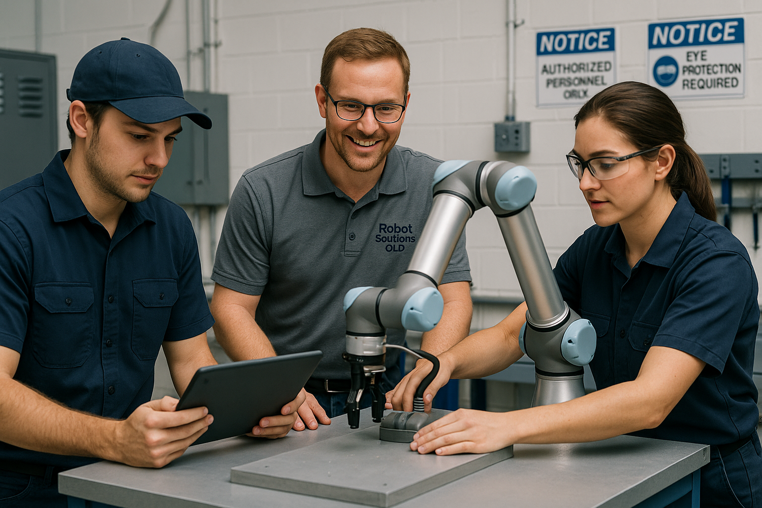Three people working with a robot arm in an industrial setting From Robot Solutions QLD