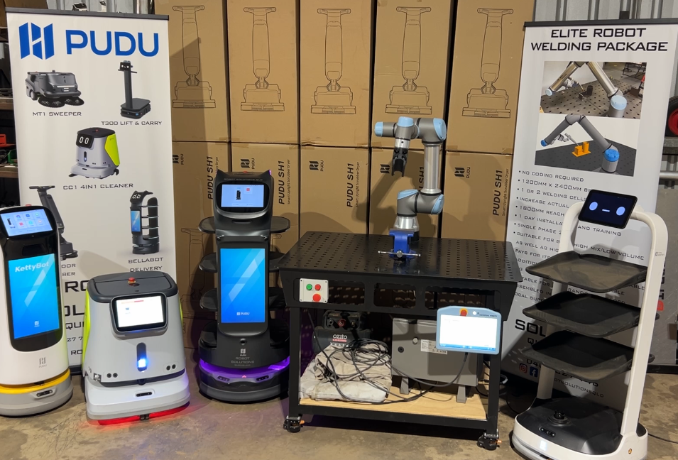 Robotic equipment with Pudu branding in a workshop setting From Robot Solutions QLD