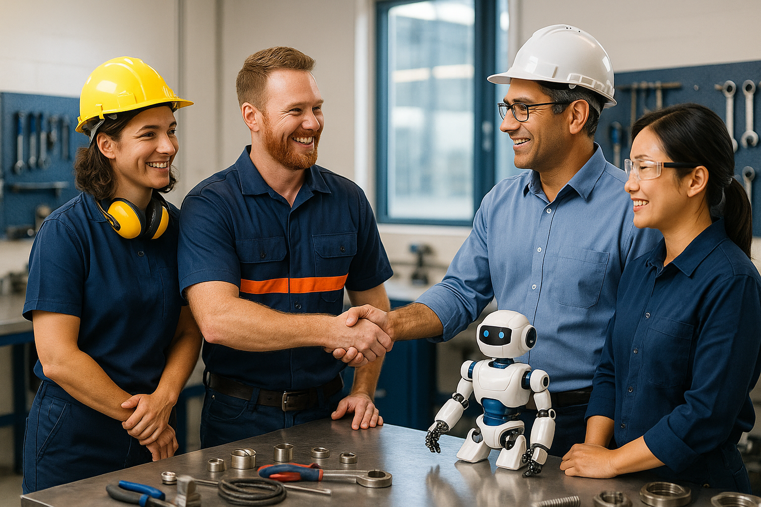 Group of people in a workshop shaking hands with a robot, surrounded by tools.