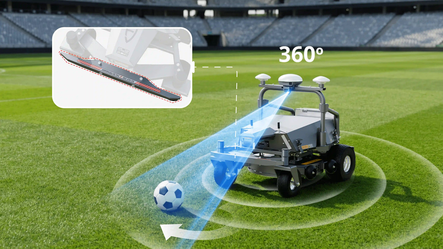 FJD RM21 robotic mower with 360 degree obstacle sensing illustration