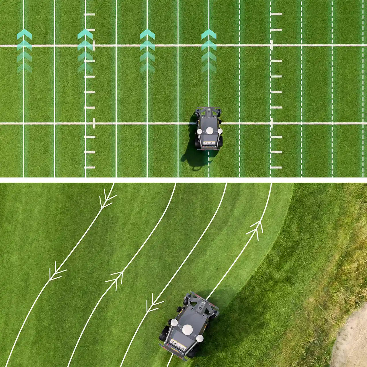 FJD RM21 robotic mower following intelligent path planning on a golf course