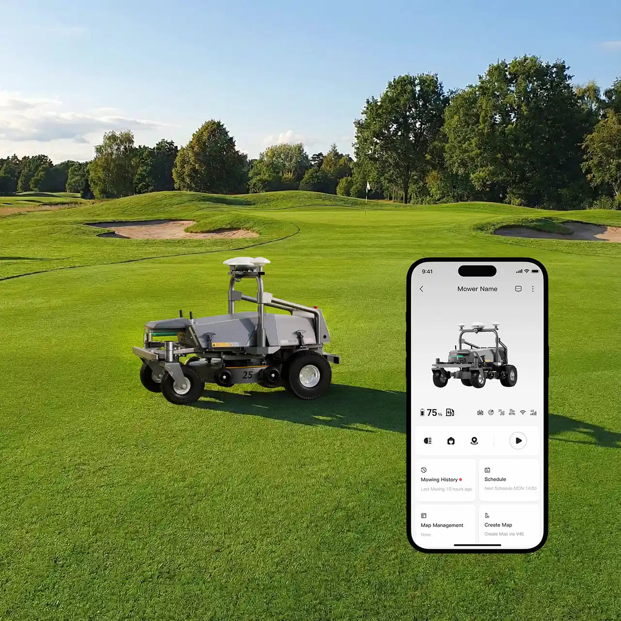 FJD RM21 robotic mower managed remotely from a smartphone app