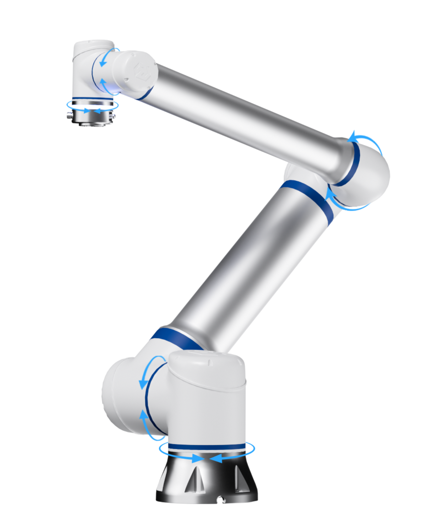 6 axis Cobot Robotic arm with blue highlights on a white background