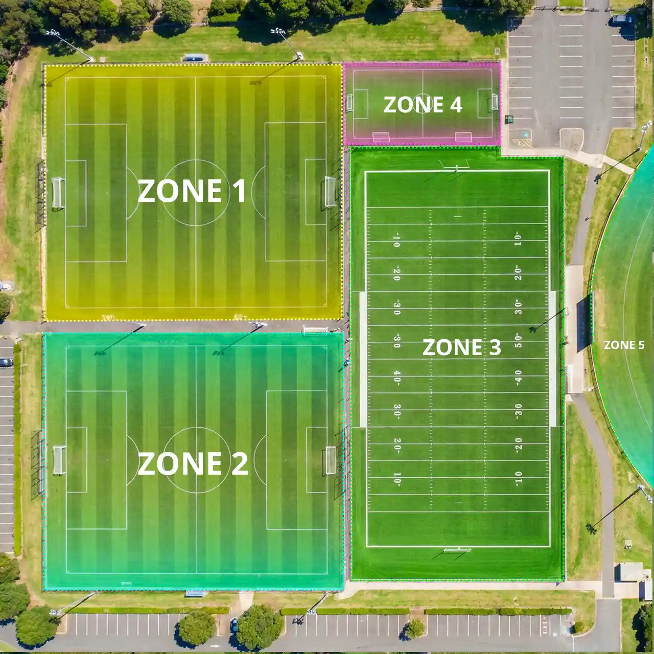 FJD RM21 multi-zone mowing map across several sports fields