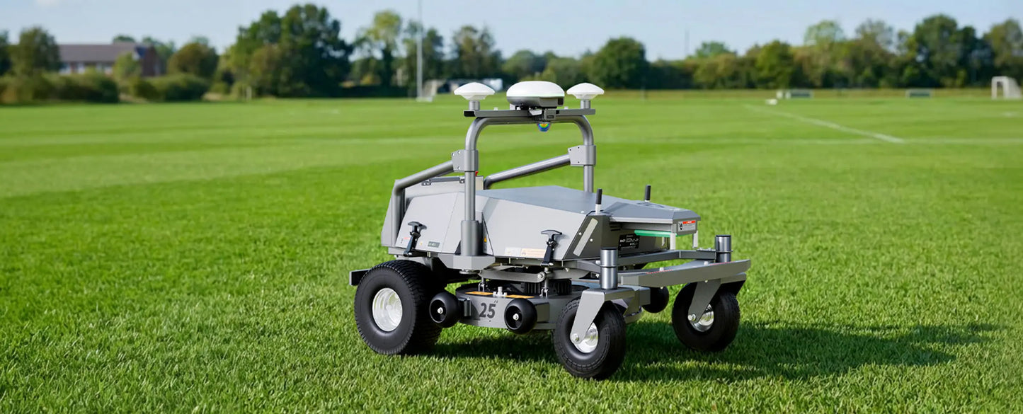 FJD RM21 robotic mower on a sports field
