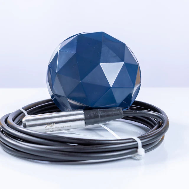 Blue geometric sensor with coiled cable on a light gray background