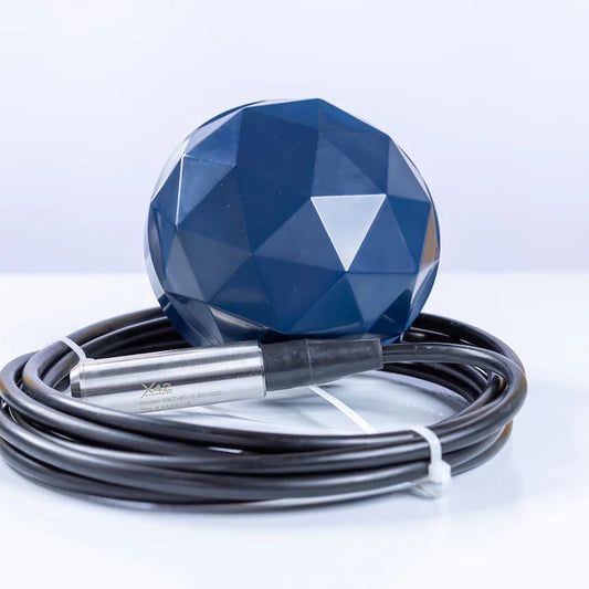 Blue geometric sensor with coiled cable on a light gray background